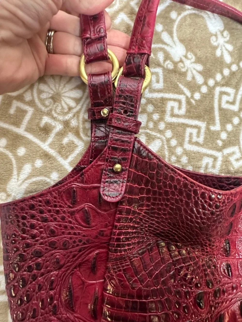 Brahmin Jacqueline Croc-Embossed Hobo in Wine Red